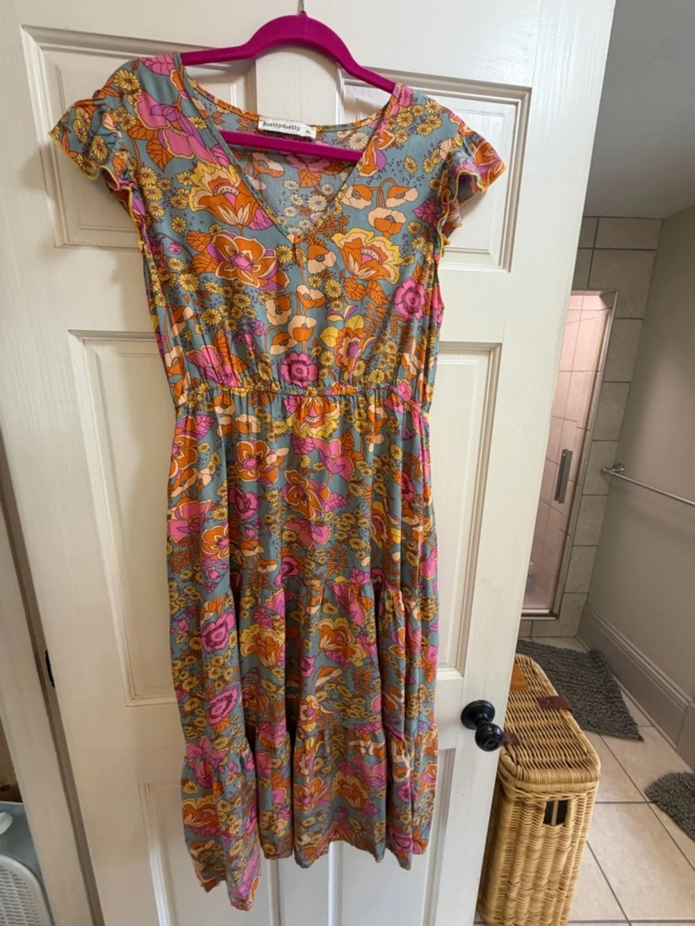 Floral V-Neck Midi Dress in Pink, Orange & Gray — Casual Women's Dress - Picture 1 of 3